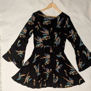 Wrangler Black Long-Sleeve Feather-Print Dress